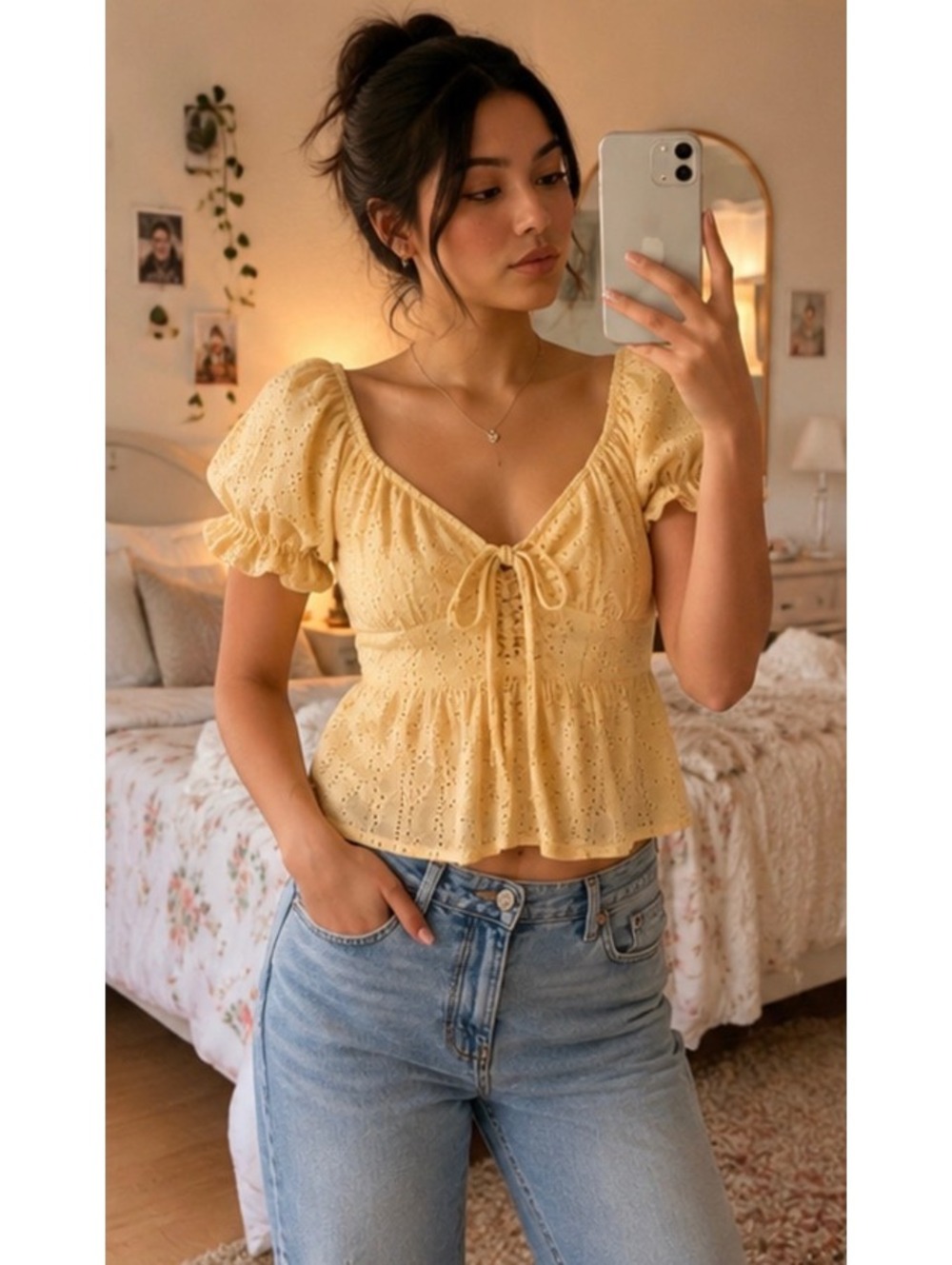 Yellow Eyelet Puff Sleeve Tie Front Blouse, Size Large
